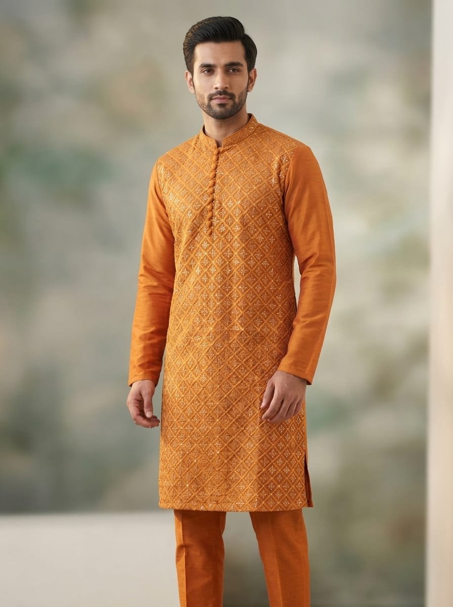Orange Sequence Embroidered Kurta Trouser